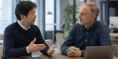 対等な立場で英語を使い、互いに理解しようと話し合う二人のビジネスパーソン