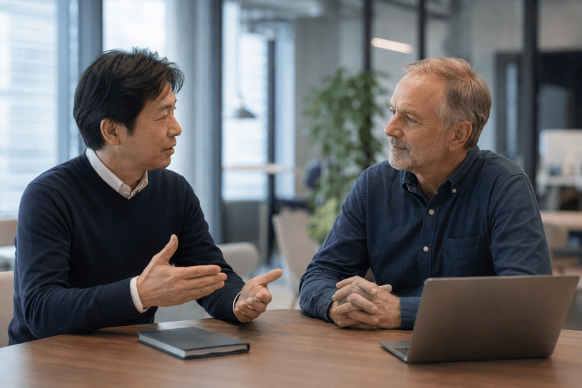 対等な立場で英語を使い、互いに理解しようと話し合う二人のビジネスパーソン