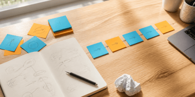 書きかけのノートと付箋が少しずつ整理されていく仕事机