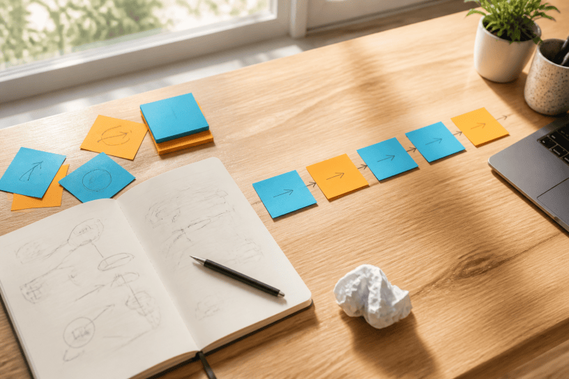 書きかけのノートと付箋が少しずつ整理されていく仕事机