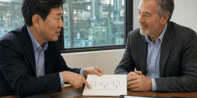 言葉が出てこなくても簡単な図を使って仕事の流れを説明する二人のビジネスパーソン