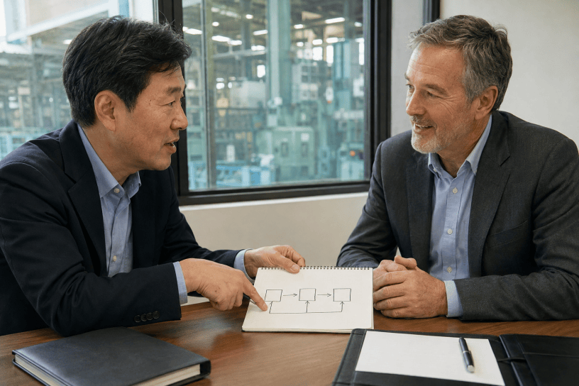 言葉が出てこなくても簡単な図を使って仕事の流れを説明する二人のビジネスパーソン